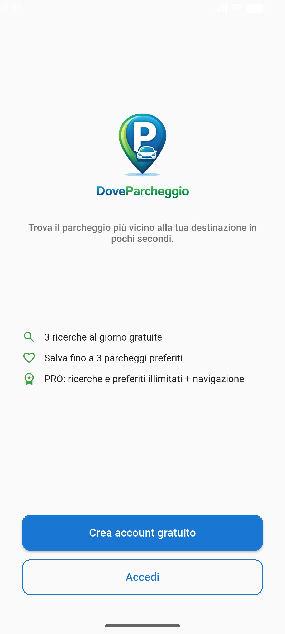 Schermata di benvenuto DoveParcheggio