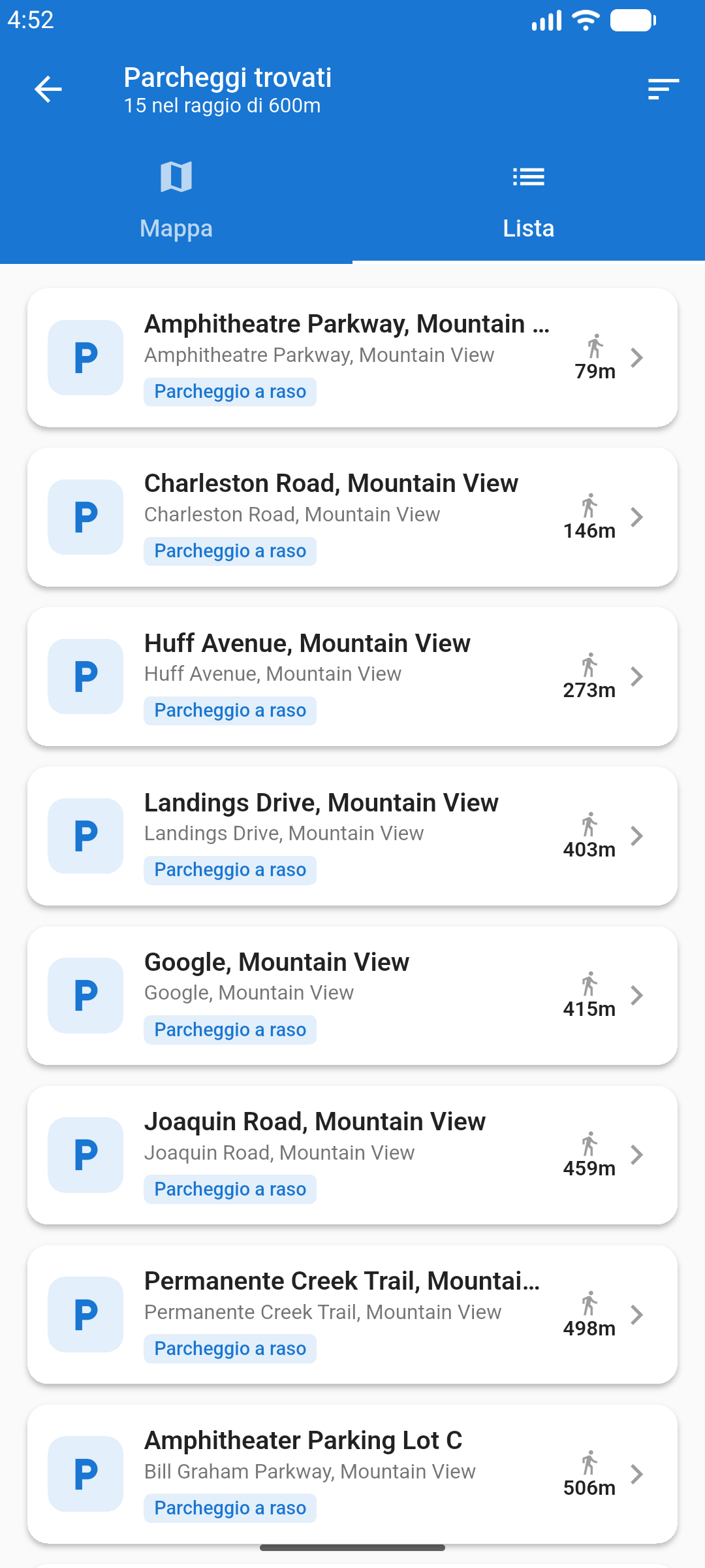 Lista parcheggi ordinata per distanza